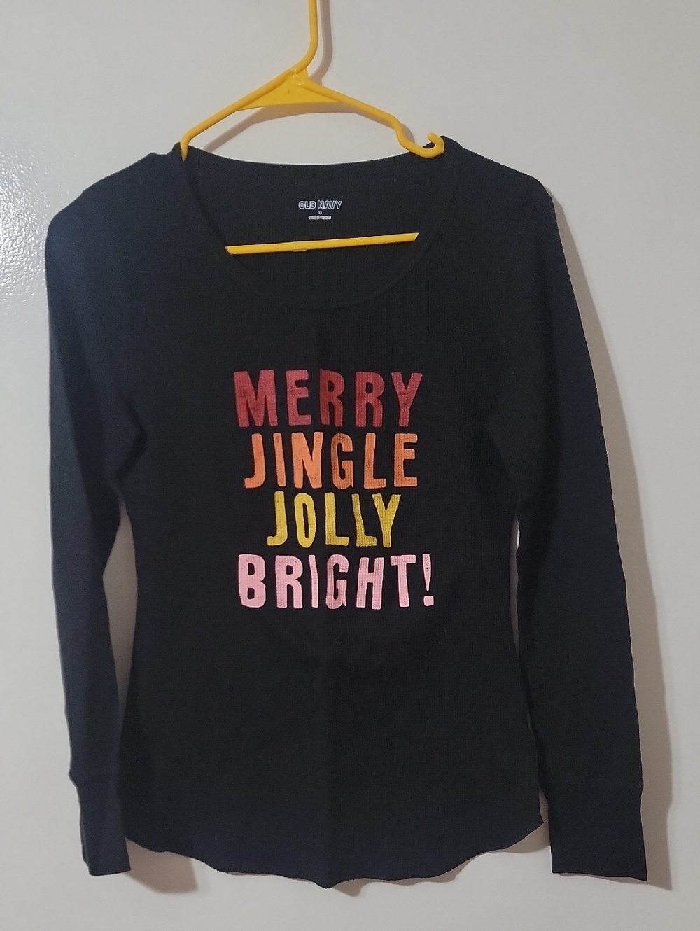 Old Navy Black Long-Sleeve Thermal Tee with Multicolor Holiday Text